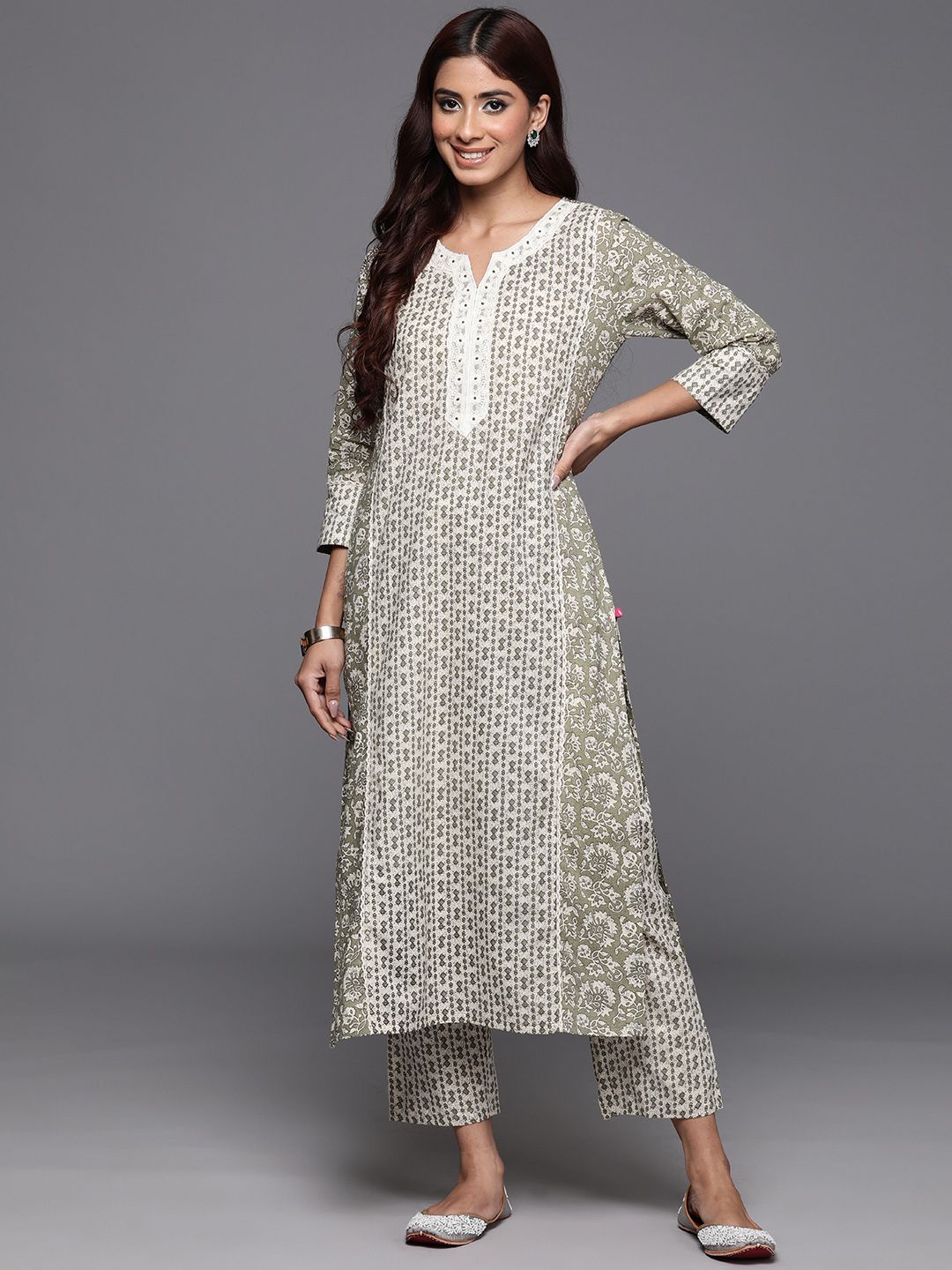 Dhiyona VA Women'sFloral Printed Pure Cotton Anarkali Kurta with Trousers