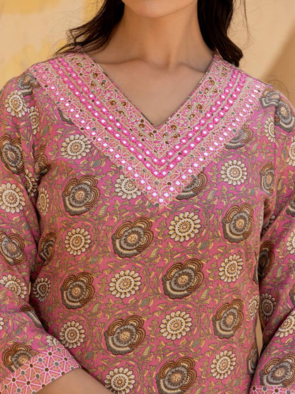 Dhiyona VA Women's Floral Embroidered Regular Mirror Work Kurta with Trousers & With Dupatta