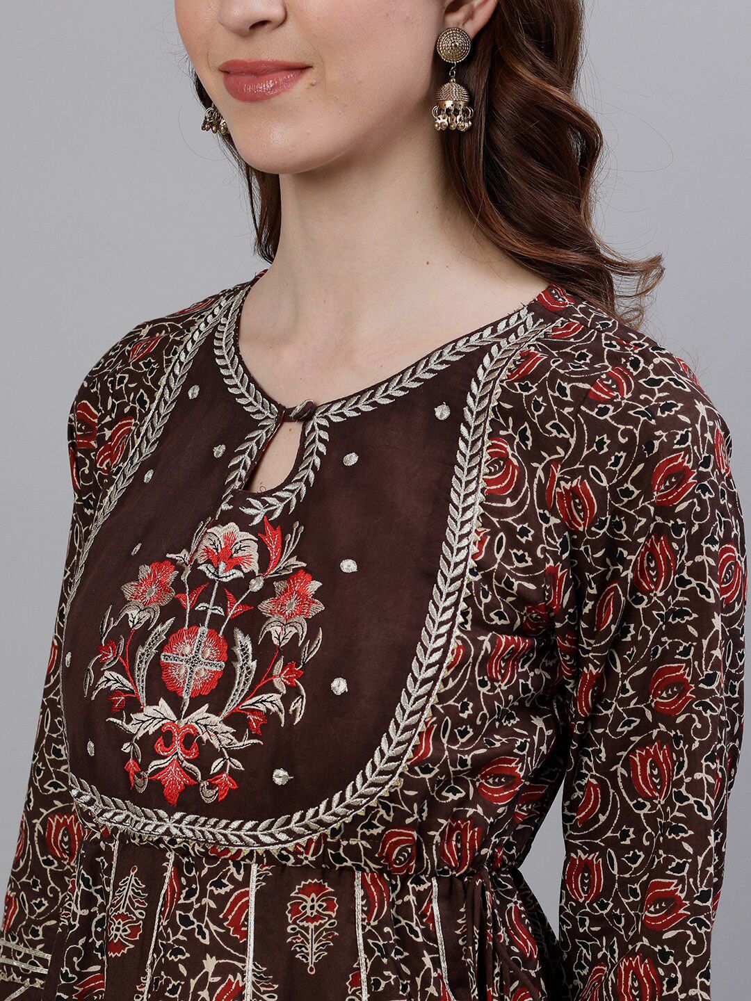Dhiyona IS Women's Women Brown Embroidered Kurti with Sharara & Dupatta
