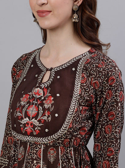 Dhiyona IS Women's Women Brown Embroidered Kurti with Sharara & Dupatta