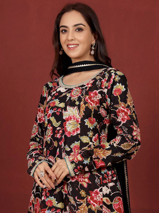 Dhiyona VA Women'sFloral Printed Thread Work Pure Cotton Kurta With Trousers & Dupatta