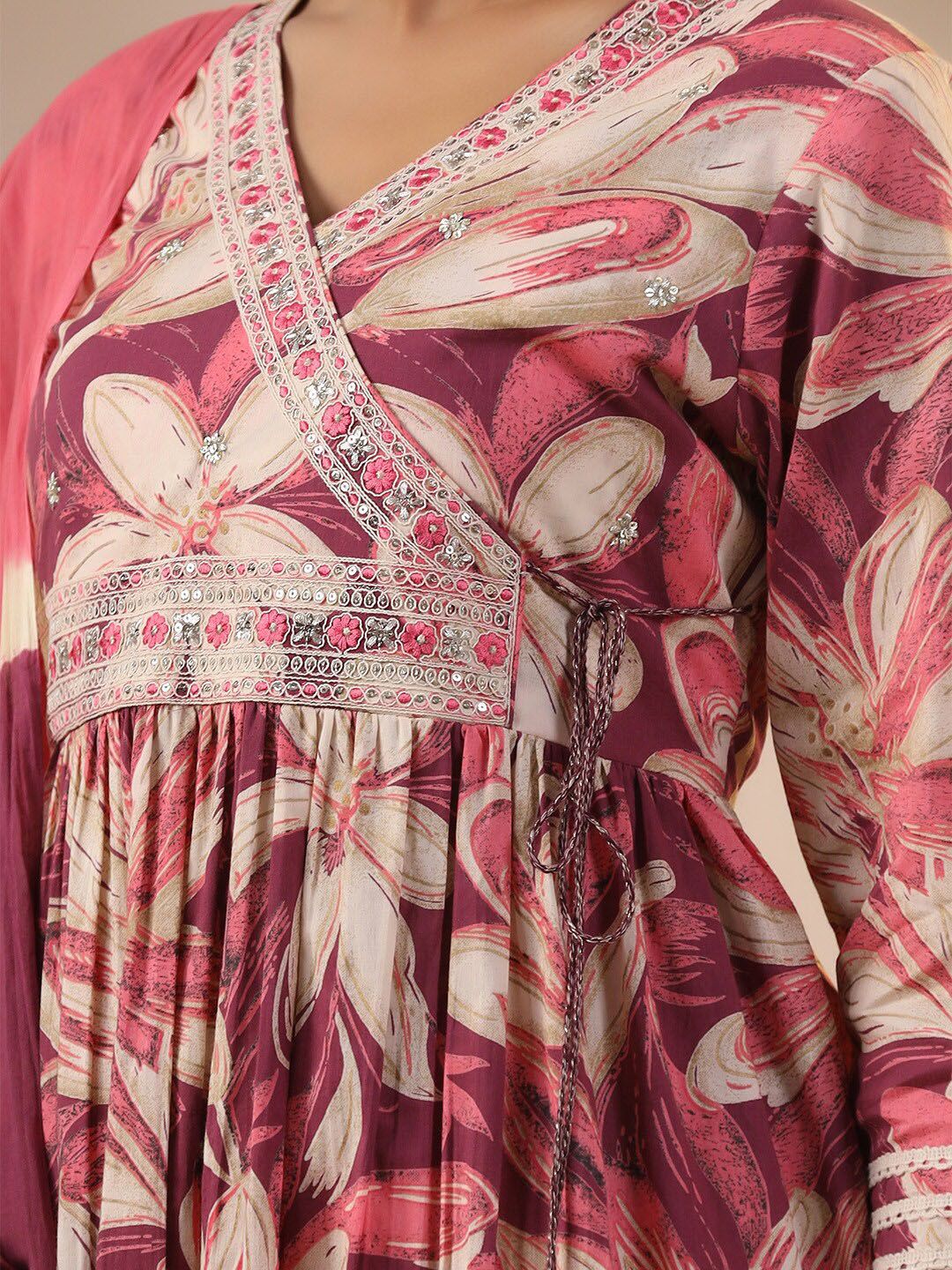 Dhiyona IS Women's Floral Printed Cotton Angrakha A-line Kurta with Sharara and Mulmul Dupatta