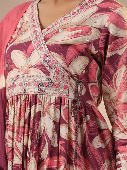 Dhiyona IS Women's Floral Printed Cotton Angrakha A-line Kurta with Sharara and Mulmul Dupatta