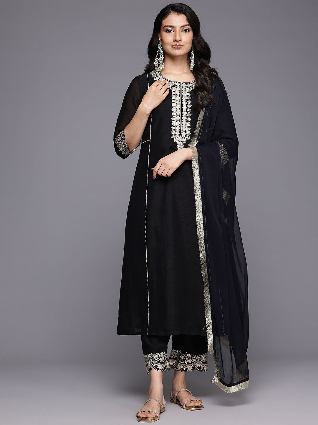 Dhiyona VA Women'sEthnic Motifs Embroidered Zari Panelled Kurta With Trousers & Dupatta