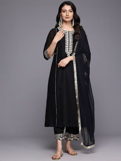 Dhiyona VA Women'sEthnic Motifs Embroidered Zari Panelled Kurta With Trousers & Dupatta