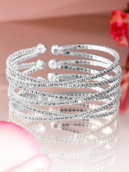 Dhiyona RJ Women's Rhodium-Plated Crystals Stone Studded Cuff Bracelet