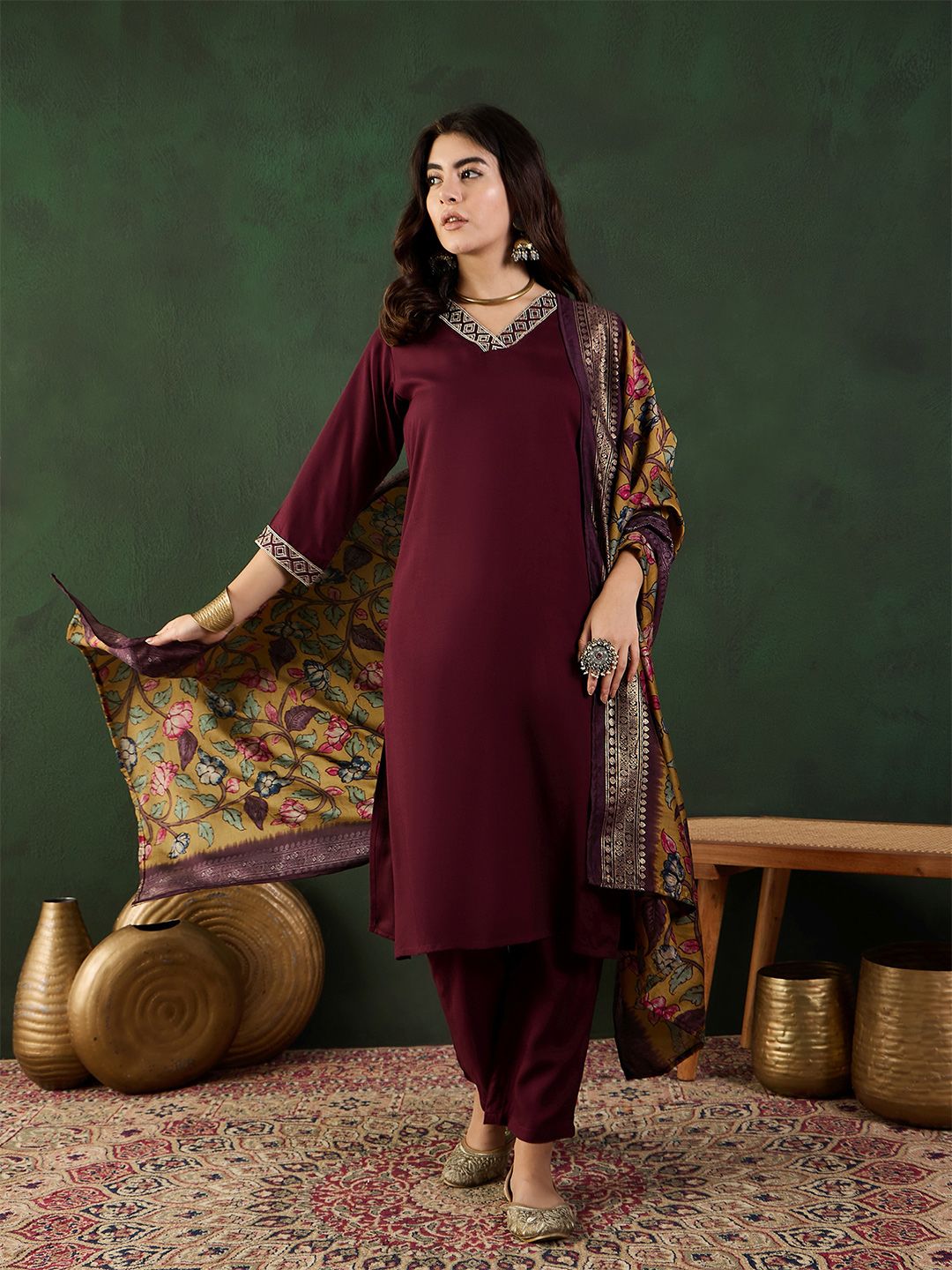 Dhiyona SN Women's Embroidered Straight Kurta With Trouser & Dupatta Set