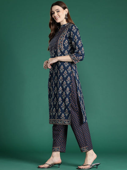 Ethnic Motifs Printed Thread Work Pure Cotton Kurta with Trousers