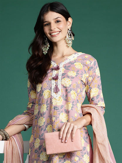 Women Floral Printed Thread Work Pure Cotton Kurta With Trousers & Dupatta