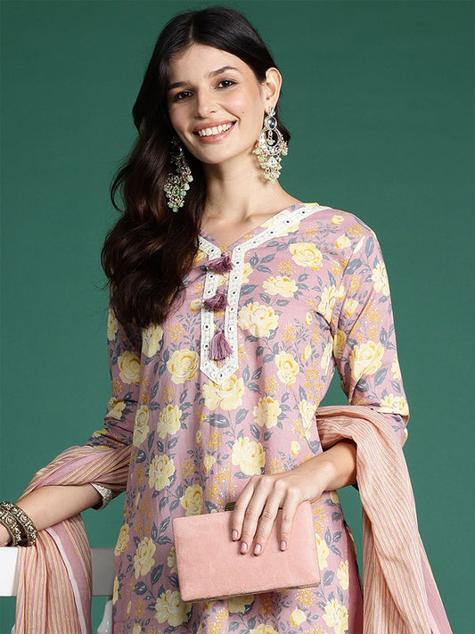 Women Floral Printed Thread Work Pure Cotton Kurta With Trousers & Dupatta