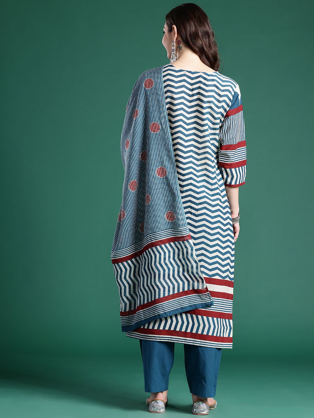 Striped Pure Cotton Kurta With Trousers & Dupatta