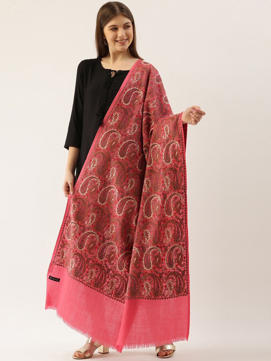 Dhiyona PA Women Pink & Brown Paisley Embroidered Pure Woolen Shawl