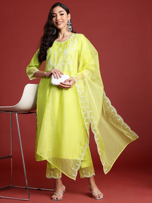 Dhiyona IE Ethnic Motifs Embroidered Aari Work Liva Kurta With Trousers & Dupatta
