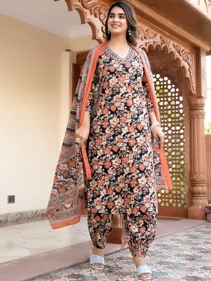 Dhiyona VA Women'sFloral Embellished Kurta Paired With Afghani Trousers & Dupatta