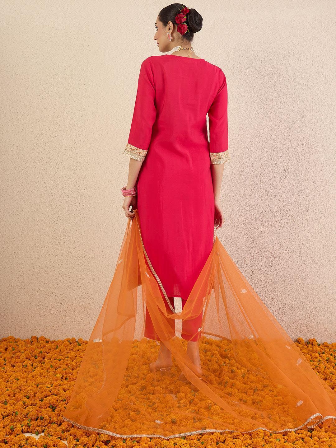 Ethnic Motifs Embroidered Sequinned Straight Kurta With Trousers & Dupatta