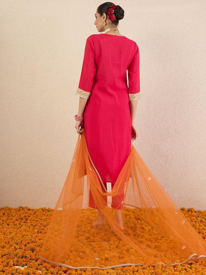 Ethnic Motifs Embroidered Sequinned Straight Kurta With Trousers & Dupatta