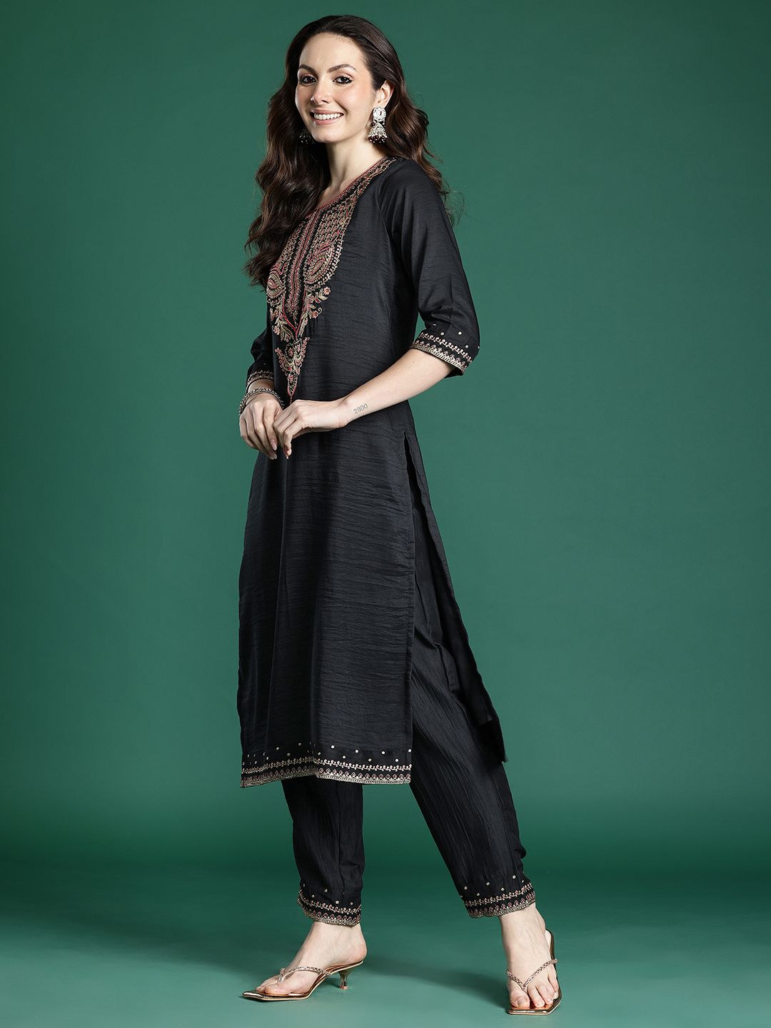 Ethnic Motifs Embroidered Pure Cotton Kurta with Trousers & Dupatta