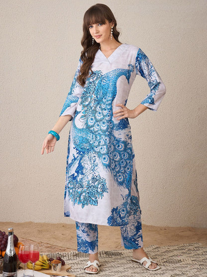 Dhiyona IE Floral Printed V-Neck Straight Kurta With Trouser