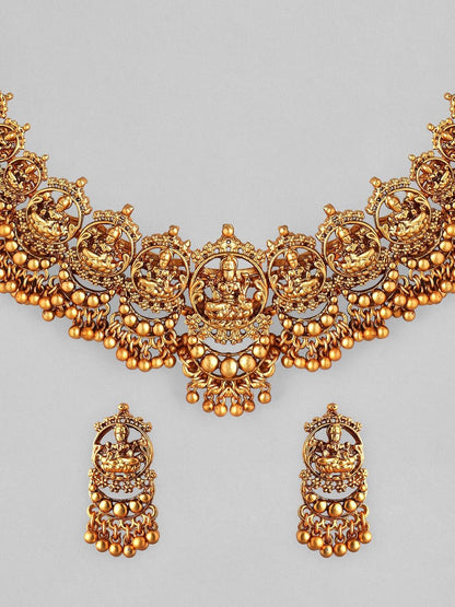 Dhiyona RJ Women's 24K Gold Plated Goddess Lakshmi Motif Handcrafted Traditional Temple Jewellery Set