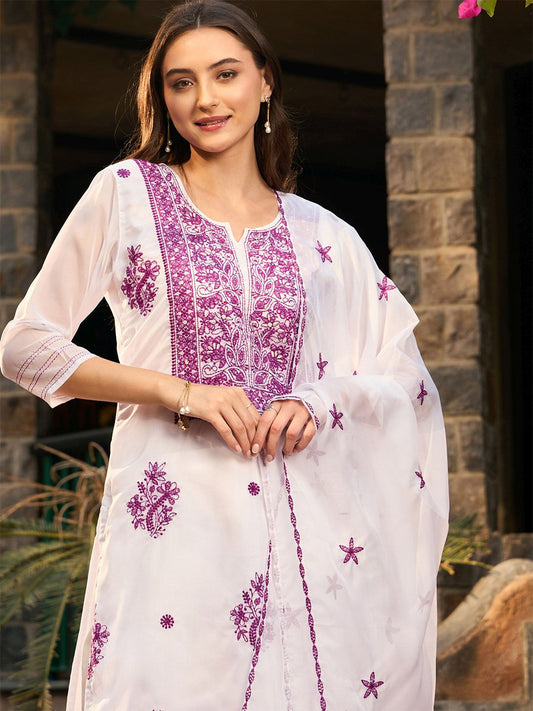 Dhiyona IE Women Floral Embroidered Regular Thread Work Kurta with Trousers & With Dupatta