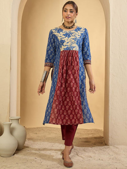 Dhiyona IE Floral Printed Pure Empire Cotton Kurta With Trousers