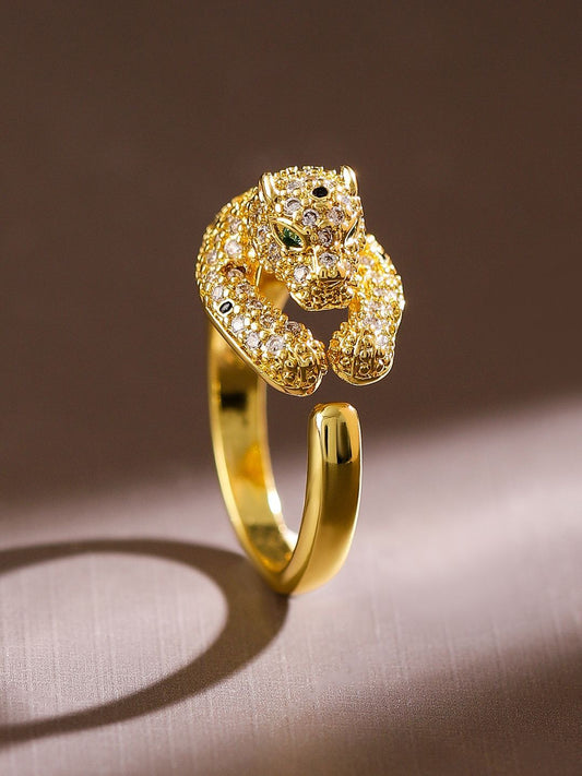 Dhiyona RJ Women's 18K Gold Plated Demi Fine Panther Motif Cubic Zirconia Studded Openable Ring