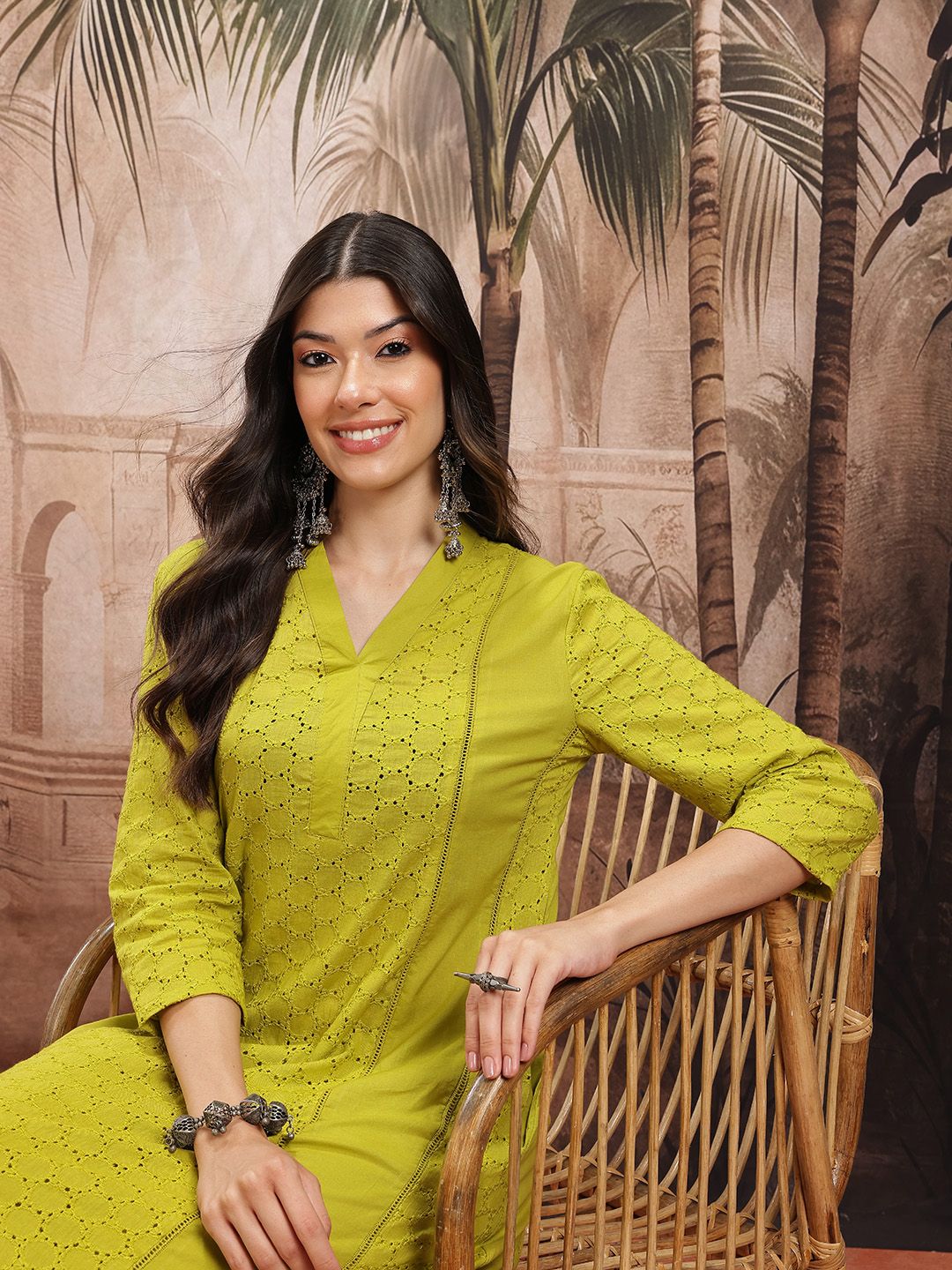 Dhiyona SN Women's Schiffli Embroidered Panelled Pure Cotton Kurta with Trousers