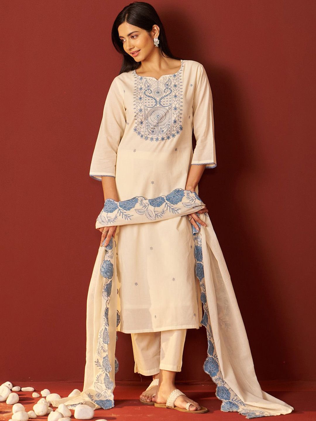 Dhiyona IE Paisley Embroidered Thread Work Pure Cotton Kurta With Trousers And Dupatta