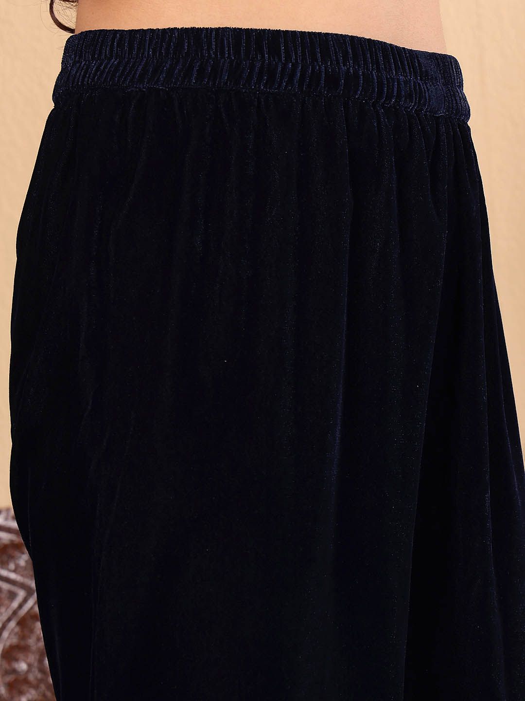 Dhiyona VA Women'sNavy Blue Floral Yoke Design Sequinned Velvet Kurta with Trousers & Dupatta