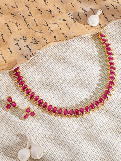 Dhiyona RJ Women's 18K Gold-Plated Ruby Pink Studded Traditional Necklace Set