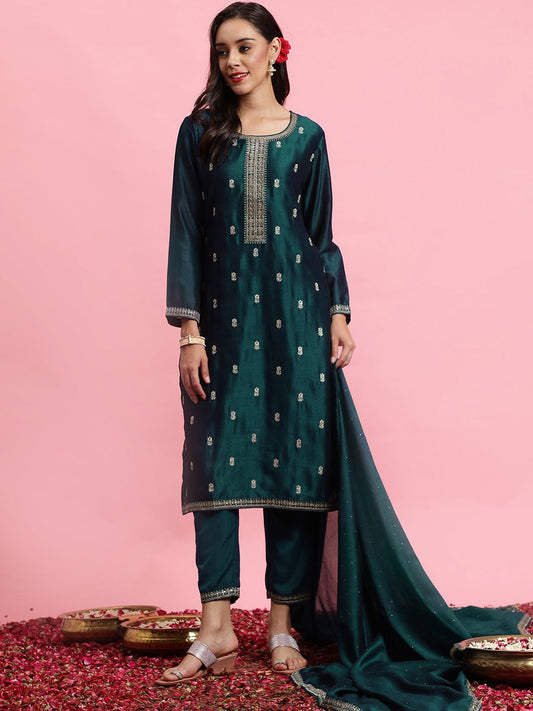 Dhiyona IE Ethnic Motifs Embroidered Sequinned Straight Kurta & Trousers With Dupatta