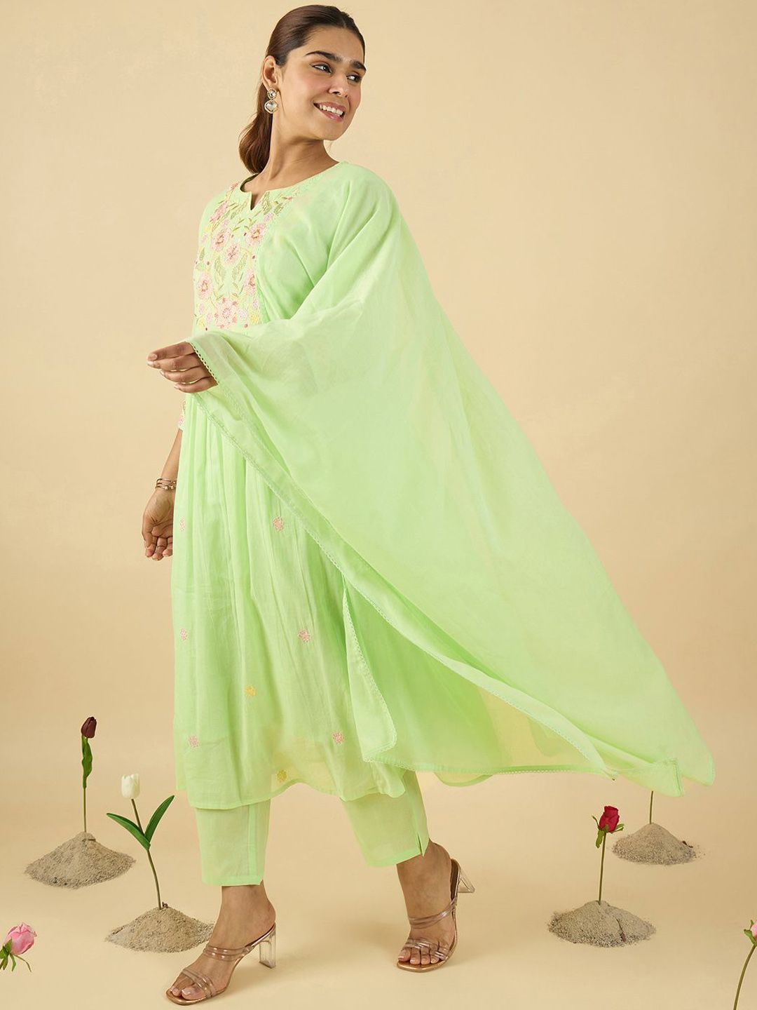 Dhiyona IE Women Embroidered Pure Cotton A-Line Kurta with Trousers & With Dupatta