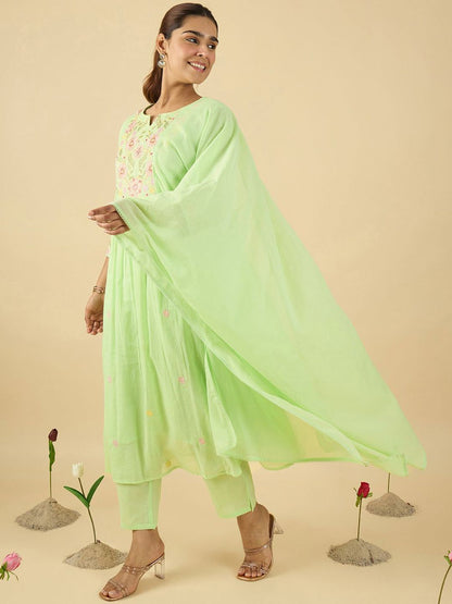 Dhiyona IE Women Embroidered Pure Cotton A-Line Kurta with Trousers & With Dupatta