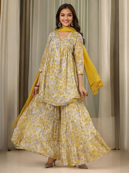 Dhiyona IS Women's Floral Printed V-Neck Empire Pure Cotton A-Line Kurti With Sharara & Dupatta