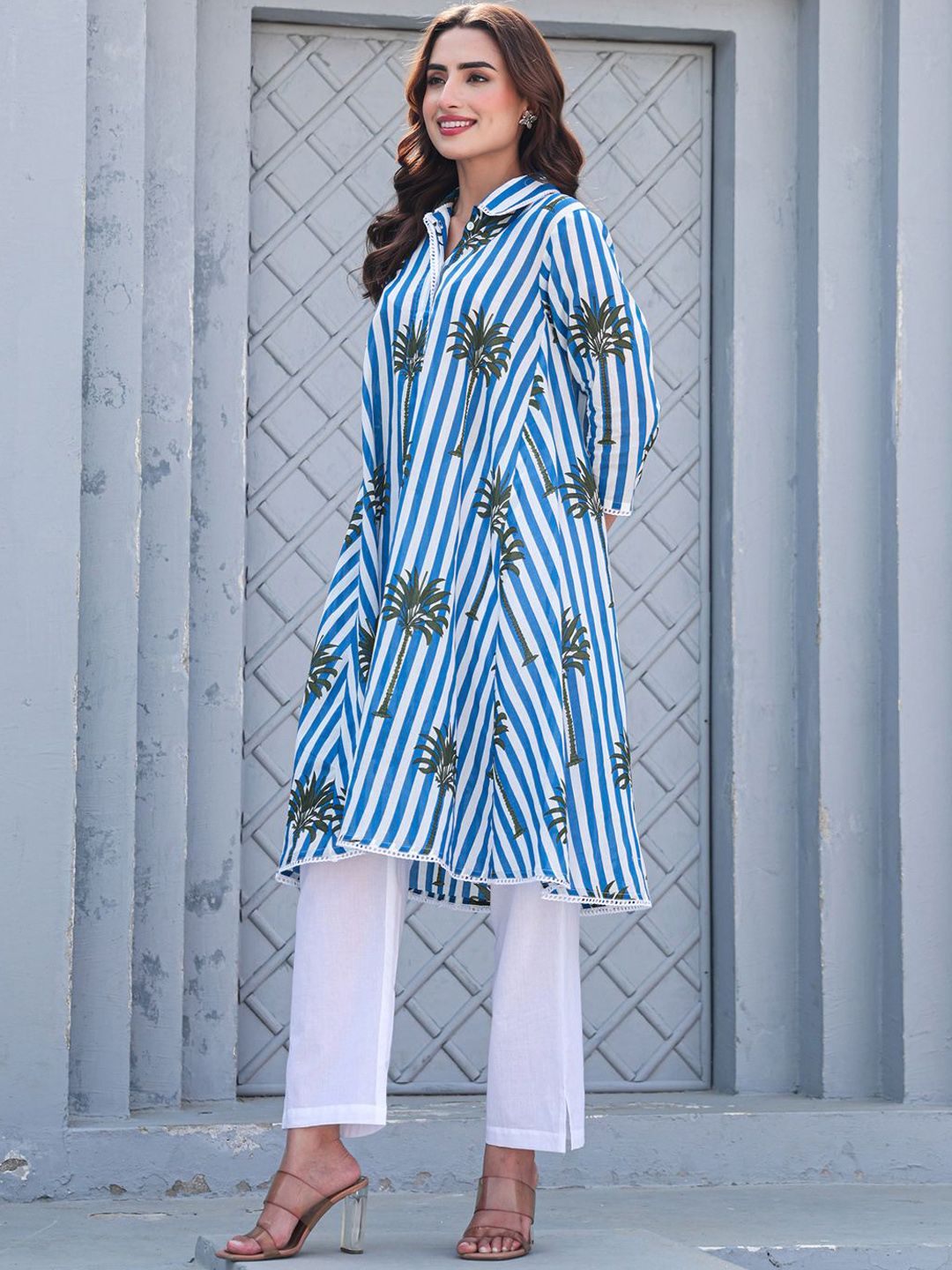 Floral Printed Shirt Collar Pure Cotton A-Line Kurta With Trousers