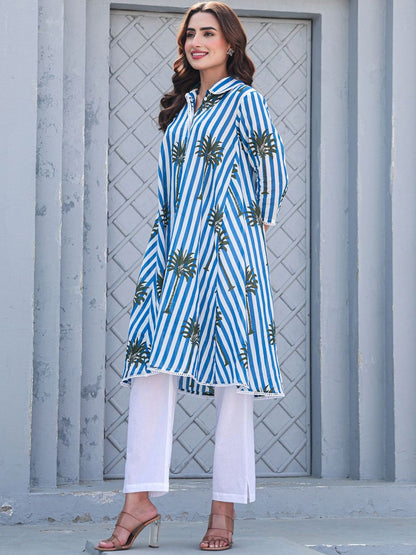 Floral Printed Shirt Collar Pure Cotton A-Line Kurta With Trousers