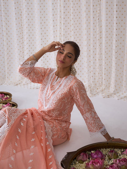 Floral Embroidered Notched Neck Cotton Straight Kurta with Trousers & Dupatta