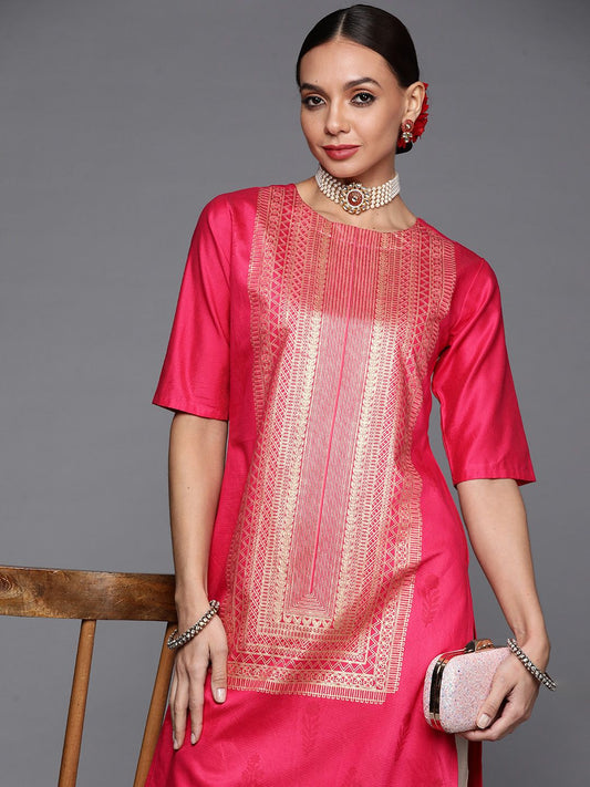 Dhiyona IE Women Pink & Gold Ethnic Motifs Foil Print Yoke Design Straight Liva Kurta