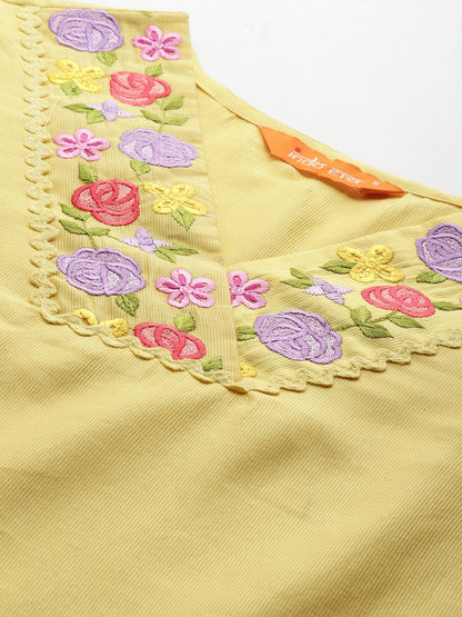 Floral Embroidered Thread Work Liva Kurta with Trousers & With Dupatta