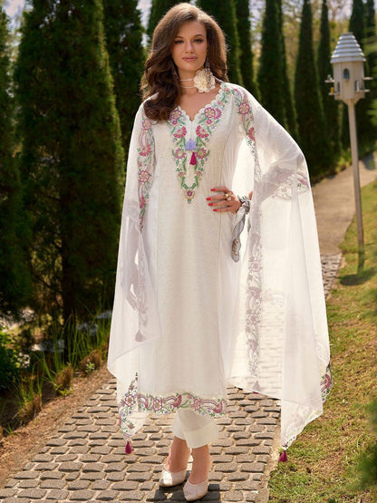 Women Floral Embroidered Regular Sequinned Pure Cotton Kurta & Trousers & Dupatta