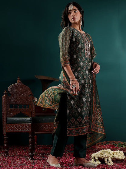 Dhiyona VA Women's Ethnic Motifs Embroidered Regular Chanderi Silk Kurta with Trousers & With Dupatta