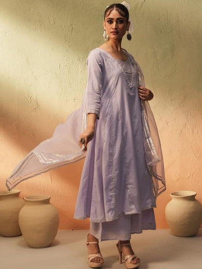 Dhiyona IS Women's Striped Embroidered Gotta Patti Pure Cotton A-Line Kurta With Trousers And Dupatta