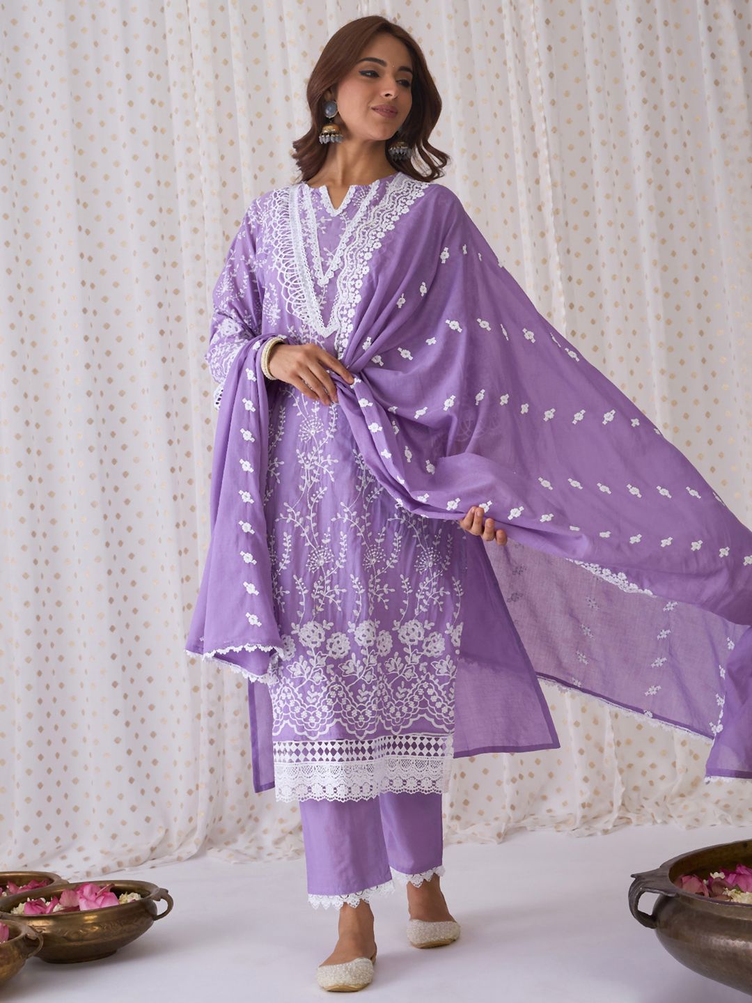 Dhiyona IE Floral Embroidered Round Neck Pure Cotton Straight Kurta with Trousers & Dupatta