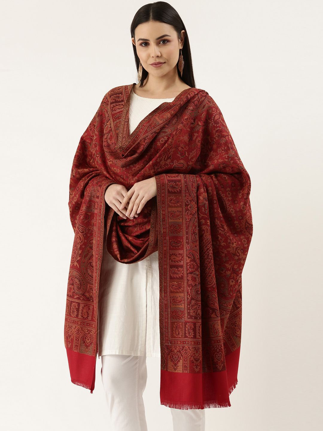 Dhiyona PA Women Maroon Paisley Woven Design Jamawar Shawl