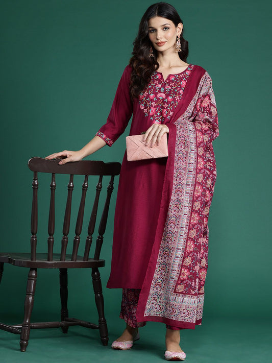 Floral Embroidered Thread Work Kurta With Palazzos & Dupatta