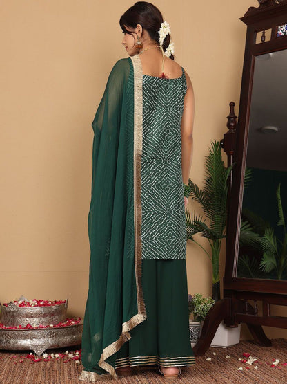 Dhiyona VA Women'sBandhani Printed Beads and Stones Pure Silk Straight Kurta With Palazzo & Dupatta