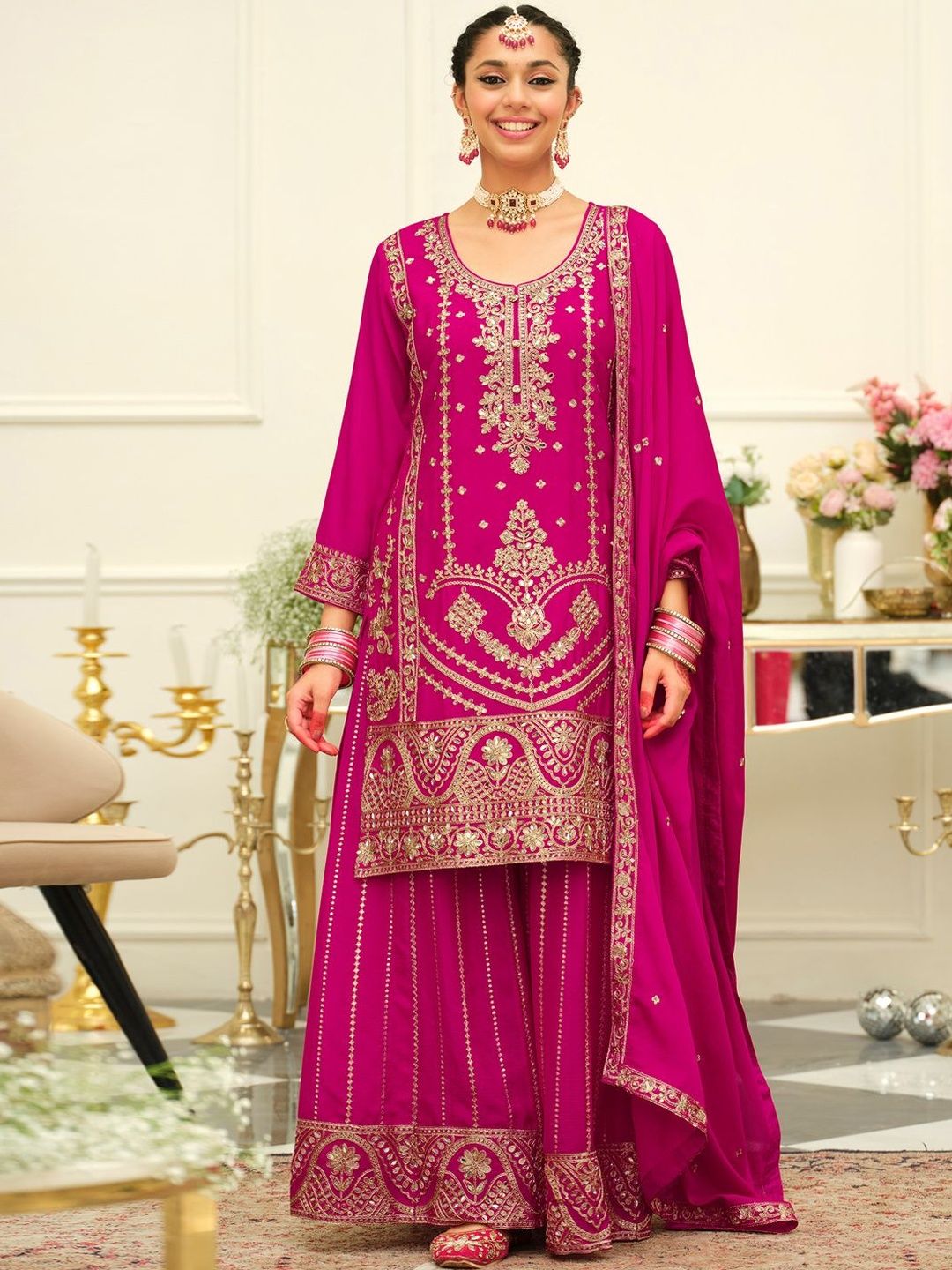 Women Ethnic Motifs Embroidered Kurta with Palazzos & Dupatta