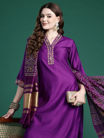 Dhiyona IE Floral Thread Work Liva Kurta with Trousers & With Dupatta