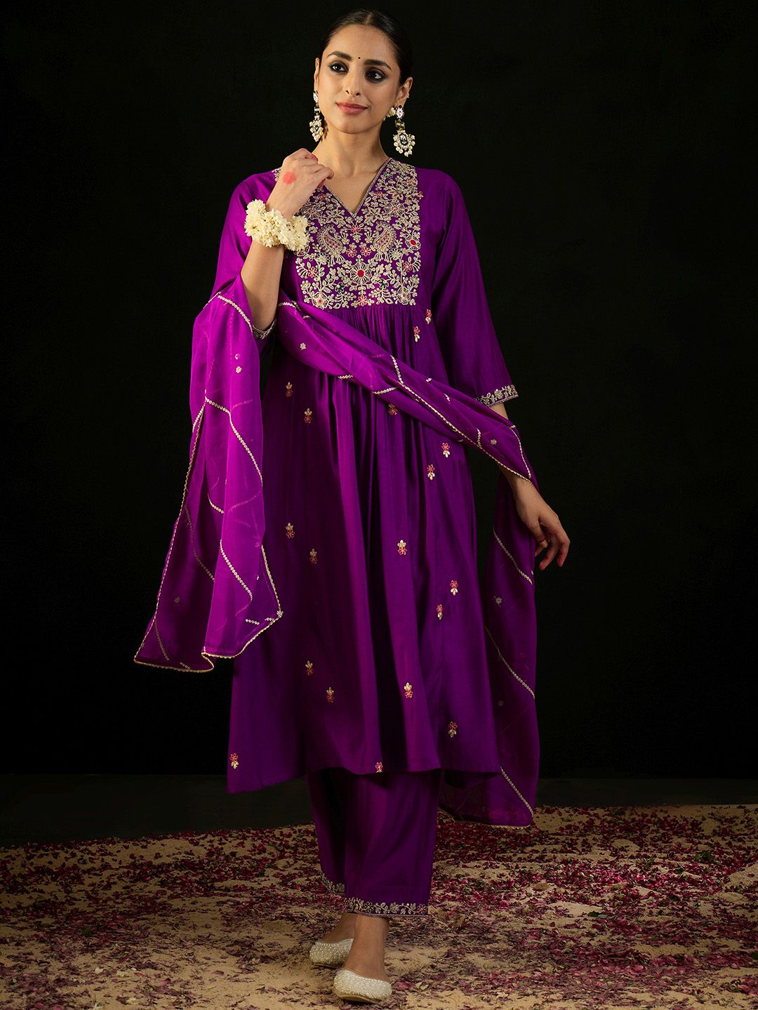 Floral Embroidered Empire Aari Work A-Line Kurta & Trousers With Dupatta