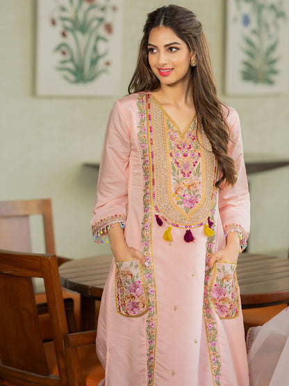 Dhiyona IE Floral Embroidered V-Neck Sequinned A-Line Kurta With Trousers & Dupatta